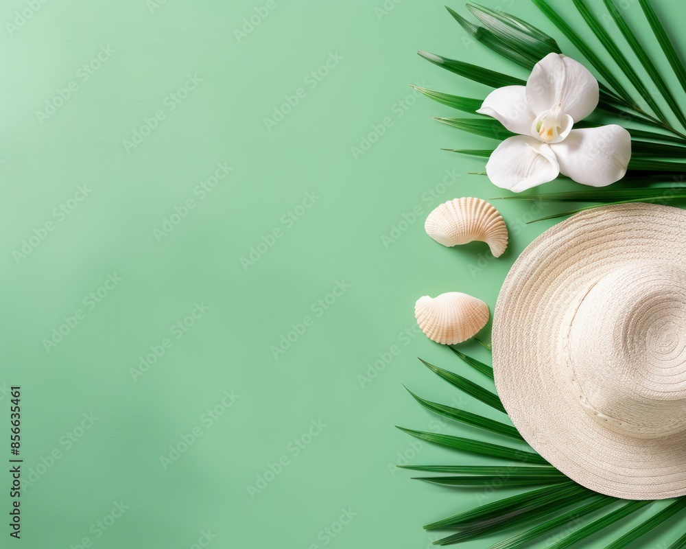 Beach essentials on a green background Beach essentials on a green background