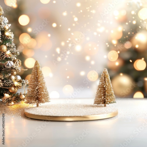 Obraz na płótnie Christmas scene with empty gold podium and Xmas trees w salonie