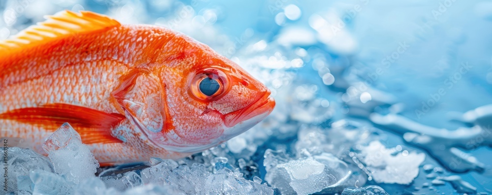 Bright red fish on a bed of ice selective focus seafood Bright red fish on a bed of ice selective focus seafood