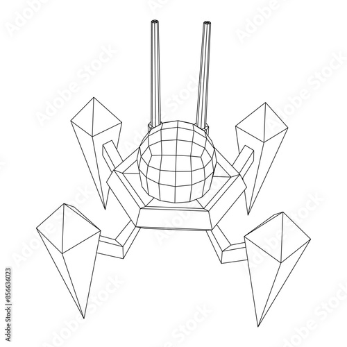 Spider robot with radar antenna. Nanobot, nanotechnology medical concept. Wireframe low poly mesh vector illustration