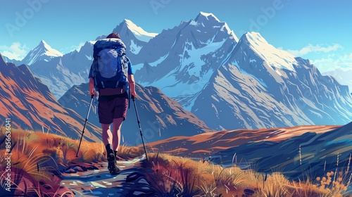 A man enjoying a scenic mountain hike, surrounded by breathtaking natural beauty and rugged landscapes photo