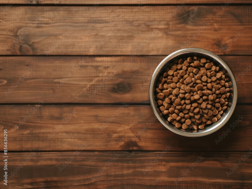 A bowl of dry dog food on a rustic wooden background, with copy space. A bowl of dry dog food on a rustic wooden background, with copy space.