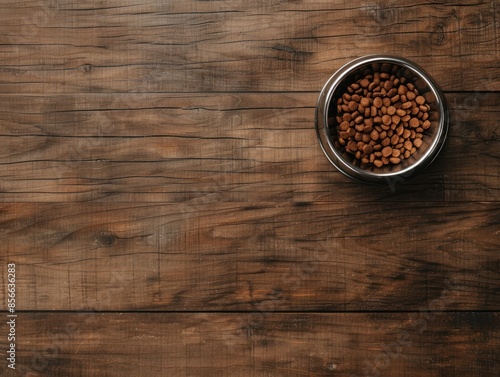 A bowl of dog food sits on a rustic wooden table, ready for a hungry pup. The composition leaves room for text or other elements.