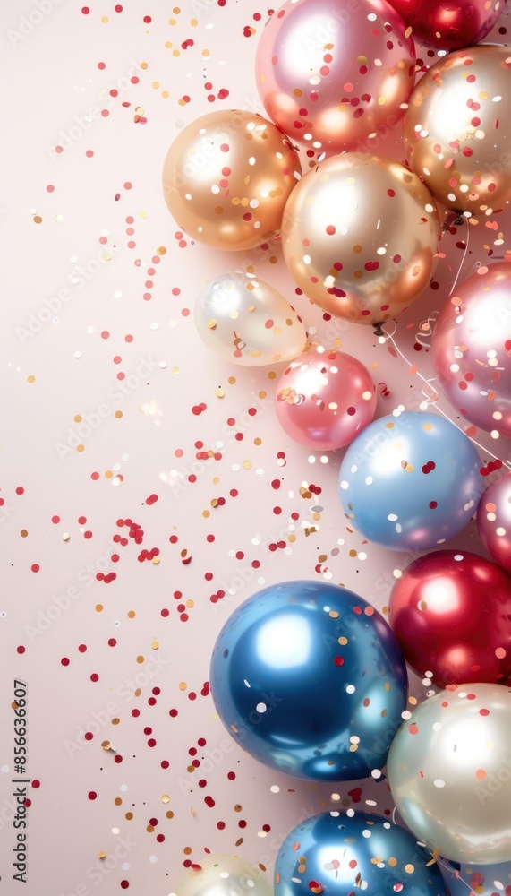 A cluster of colorful balloons with confetti falling on a pink background. Perfect for celebration, party, or festive occasions. A cluster of colorful balloons with confetti falling on a pink background. Perfect for celebration, party, or festive occasions.