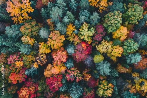 A stunning aerial view of a dense forest canopy in vibrant autumn colors, showcasing nature's beauty from above © Thi