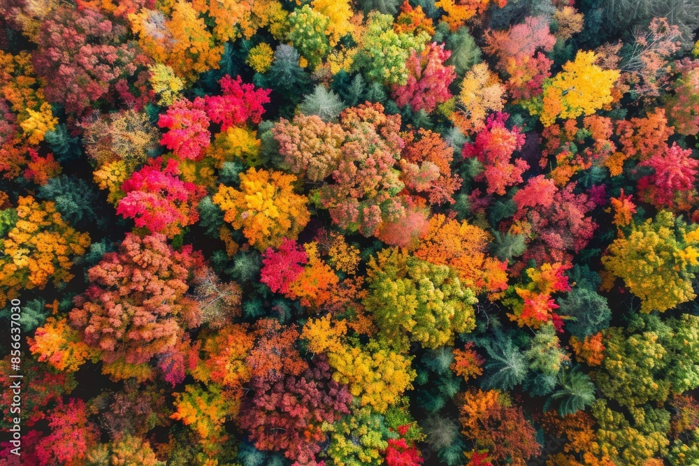 A stunning aerial view of a dense forest canopy in vibrant autumn colors, showcasing nature's beauty from above A stunning aerial view of a dense forest canopy in vibrant autumn colors, showcasing nature's beauty from above
