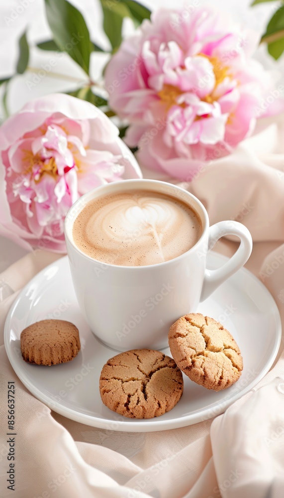 A cup of coffee with latte art, cookies, and pink peonies on a white tablecloth.