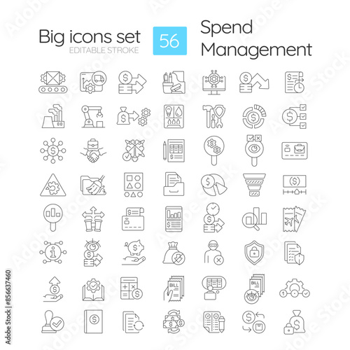 Spend management linear icons set. Spending documentation, financial stability. Regulatory compliance. Customizable thin line symbols. Isolated vector outline illustrations. Editable stroke