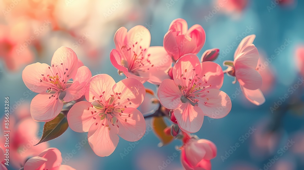 Pink crabapple blossoms flower under blue sky poster background Pink crabapple blossoms flower under blue sky poster background