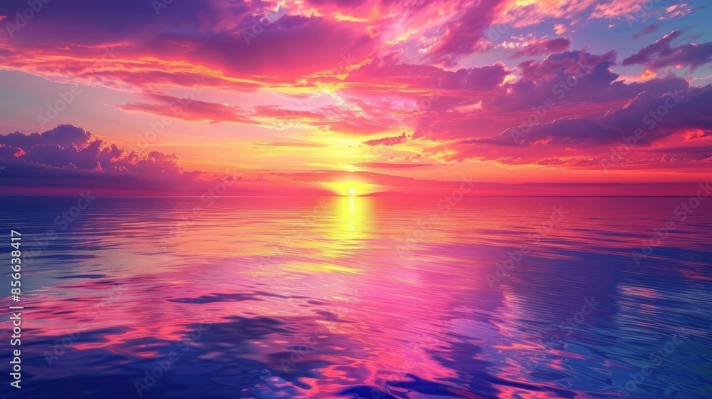 Obraz premium An image of a vibrant sunset over a serene lake, with colorful reflections shimmering on the water.