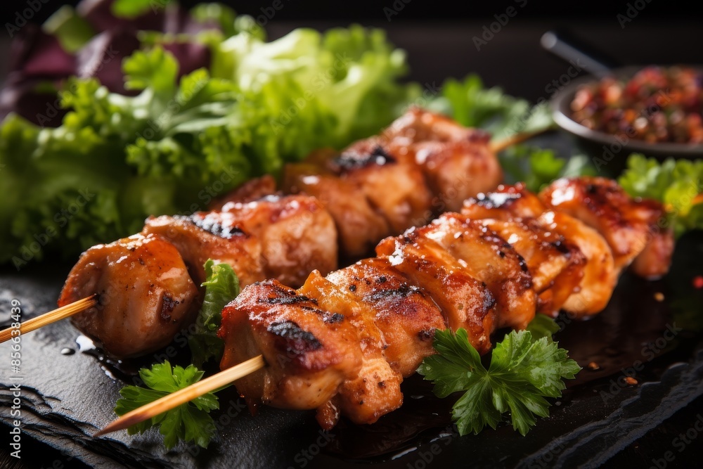 Succulent barbecue shashlik seasoned to perfection and drizzled with irresistible sauce Succulent barbecue shashlik seasoned to perfection and drizzled with irresistible sauce