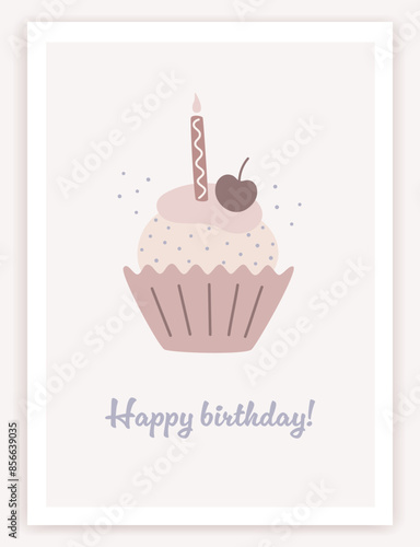 Happy birthday children's magic elements . Birthday trendy greeting card in flat design. Cute cupcake  illustration. Poster, banner or party invitation. Cartoon design. Vector illustration.
