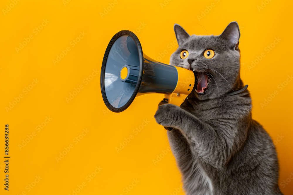 Fototapeta premium Gray cat holding a megaphone against a bright orange background, appearing to shout