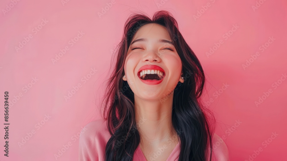 Woman with black hair laughs against a pink wall Woman with black hair laughs against a pink wall