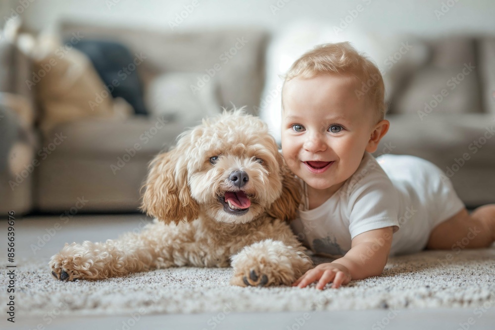 Happy little baby playing with a dog. Cute baby playing with puppy in the living room Happy little baby playing with a dog. Cute baby playing with puppy in the living room