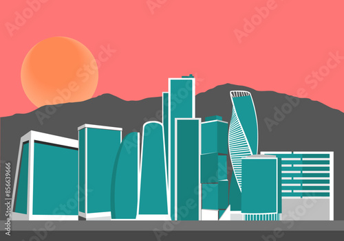 Landcape City Background with Mountain and Sun 