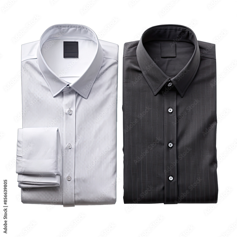 A close-up photograph of two folded long-sleeved shirts, one white and one black, laid out side by side on a white background. Generative AI A close-up photograph of two folded long-sleeved shirts, one white and one black, laid out side by side on a white background. Generative AI
