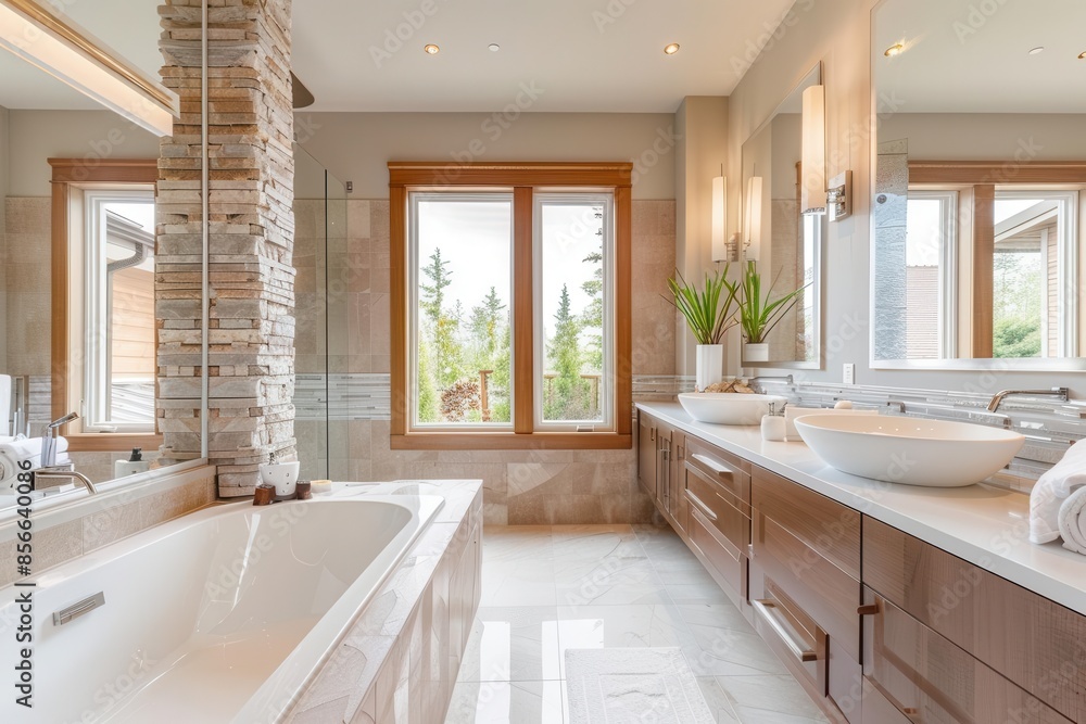 luxurious home bathroom interior with double sink and bathtub panoramic architectural photography luxurious home bathroom interior with double sink and bathtub panoramic architectural photography