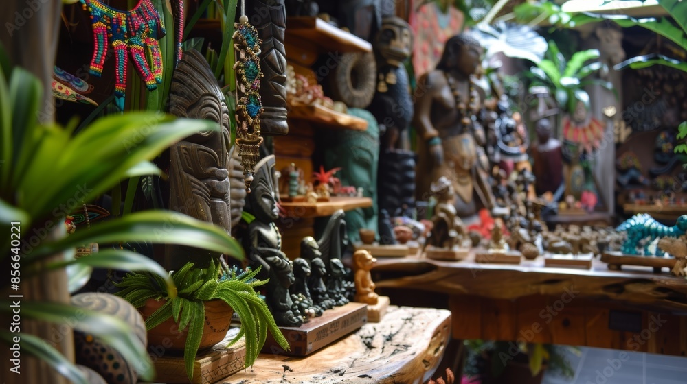 A small gift shop area offers souvenirs such as handmade jewelry and carved figurines reminiscent of the tropical rainforest.