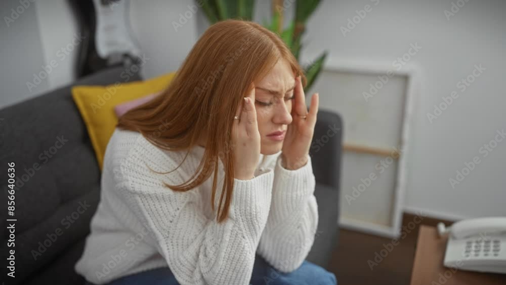 Stressed young woman at home, suffering severe migraine. redhead wearing a sweater, holding head in desperation. deeply affected by life's loud worries. Stressed young woman at home, suffering severe migraine. redhead wearing a sweater, holding head in desperation. deeply affected by life's loud worries.