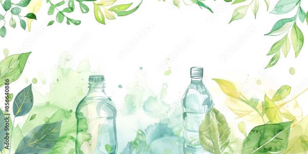 watercolor illustration of green leaves and blue water bottles watercolor illustration of green leaves and blue water bottles