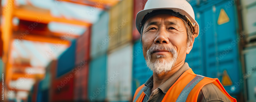 Chinese worker standing in front of stacked shipping containers. Container terminal - freight shipping background. International trade banner. Import export concept. Chinese worker standing in front of stacked shipping containers. Container terminal - freight shipping background. International trade banner. Import export concept.