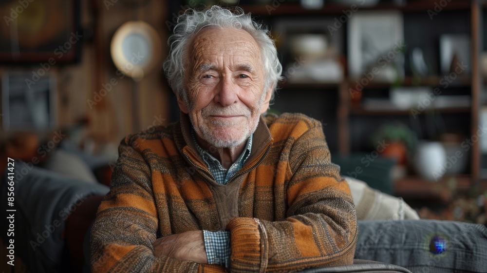 portrait of a smiling, cheerful Caucasian elderly man 70-79 years old looking at the camera at home portrait of a smiling, cheerful Caucasian elderly man 70-79 years old looking at the camera at home
