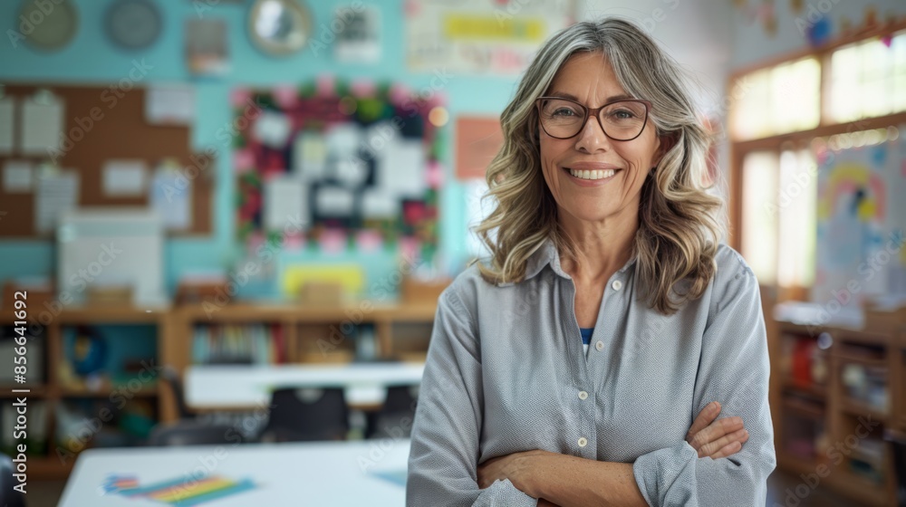 A smiling middle-aged female teacher stands confidently in a colorful, well-organized classroom. The background features educational materials, a bulletin board, and bookshelves, learning environment A smiling middle-aged female teacher stands confidently in a colorful, well-organized classroom. The background features educational materials, a bulletin board, and bookshelves, learning environment