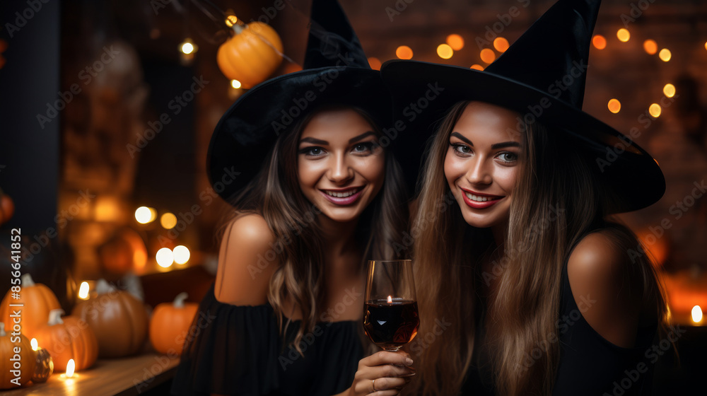 Two young women dressed as witches for Halloween, smiling with a glass of wine, surrounded by glowing jack-o'-lanterns and festive decorations Two young women dressed as witches for Halloween, smiling with a glass of wine, surrounded by glowing jack-o'-lanterns and festive decorations
