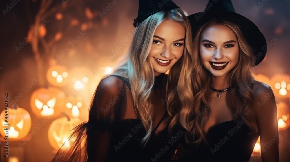 Two young women dressed as witches for Halloween, smiling brightly with glowing jack-o'-lanterns in the background, creating a festive and spooky atmosphere Two young women dressed as witches for Halloween, smiling brightly with glowing jack-o'-lanterns in the background, creating a festive and spooky atmosphere