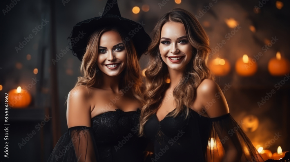 Fototapeta premium Two young women dressed as witches for Halloween, smiling brightly with carved pumpkins and festive lights in the background, creating a spooky and joyful atmosphere