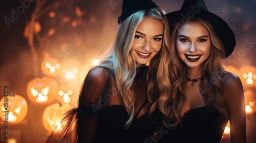 Two young women dressed as witches for Halloween, smiling brightly with glowing jack-o'-lanterns in the background, creating a festive and spooky atmosphere