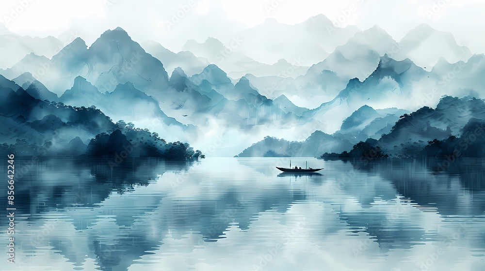 Blue and green boat and foggy mountains illustration poster background Blue and green boat and foggy mountains illustration poster background