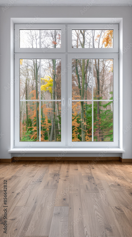 Fototapeta premium Window filling an empty apartment room with natural lighting. Residential interior design composition with copy space for an ad.