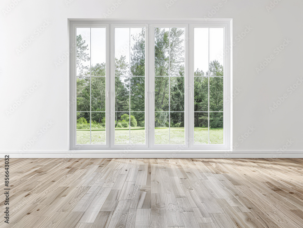 Fototapeta premium Window filling an empty apartment room with natural lighting. Residential interior design composition with copy space for an ad.