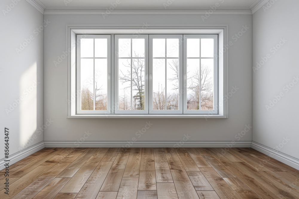 Fototapeta premium Window filling an empty apartment room with natural lighting. Residential interior design composition with copy space for an ad.