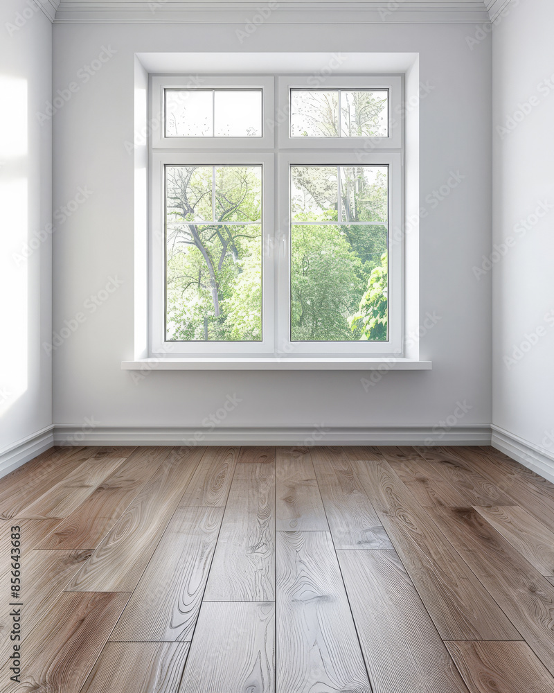 Obraz premium Window filling an empty apartment room with natural lighting. Residential interior design composition with copy space for an ad.