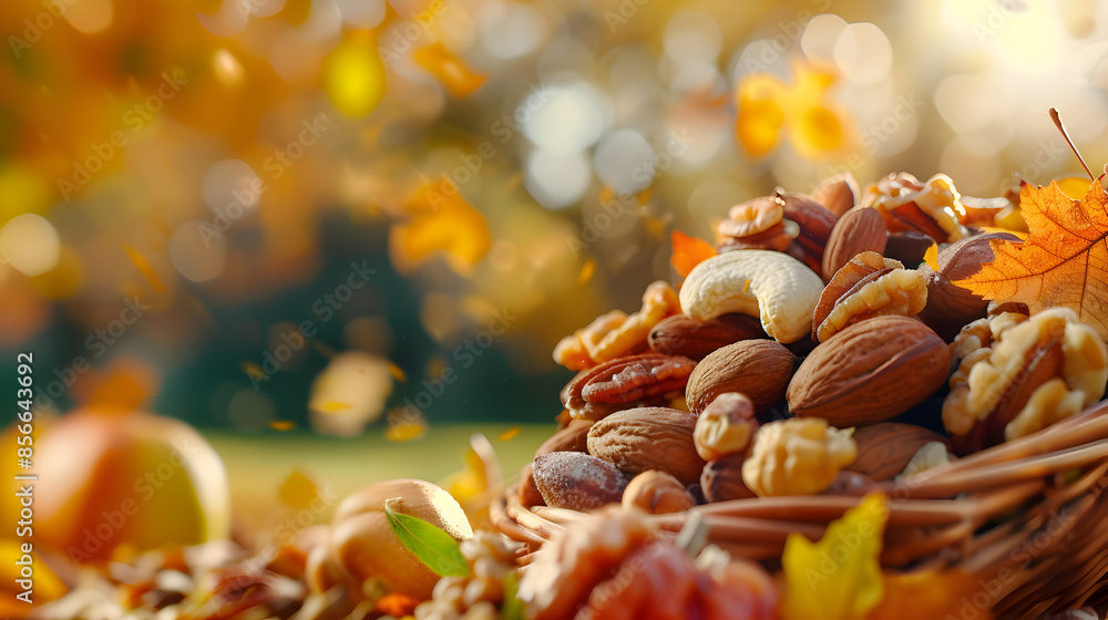Fototapeta premium autumn leaves and nuts in a basket