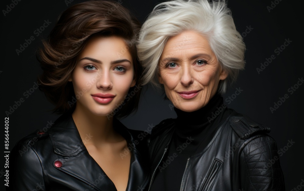Two women are posing for a photo, one is wearing a black jacket and the other is wearing a black dress Two women are posing for a photo, one is wearing a black jacket and the other is wearing a black dress