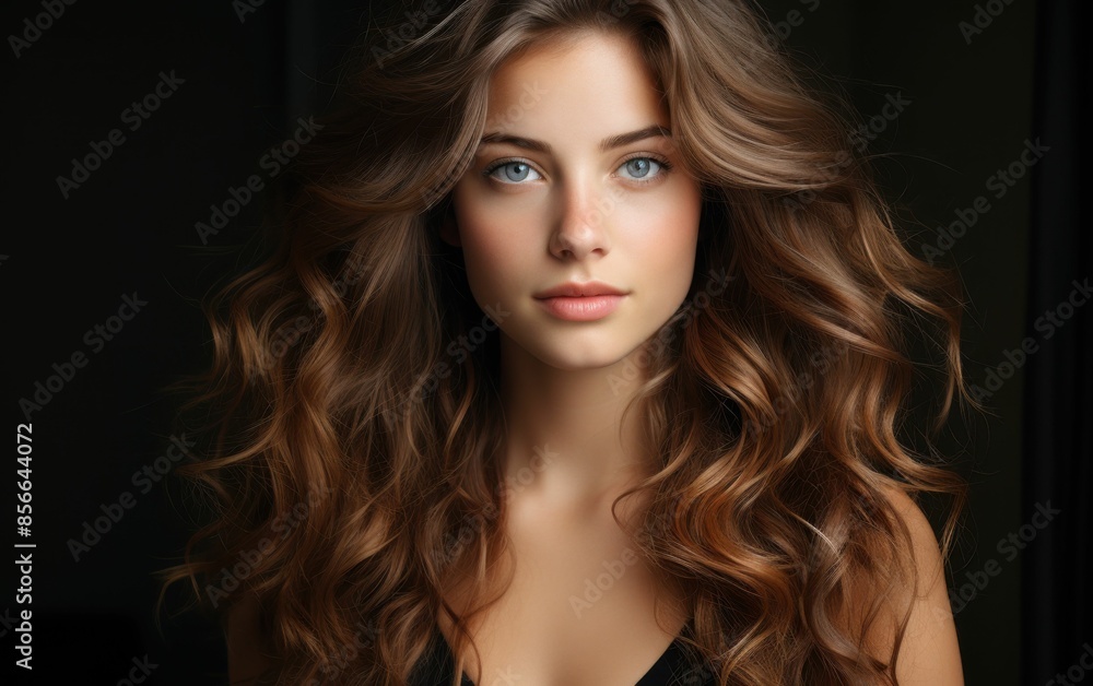 A woman with long brown hair and a pretty smile. She is wearing a black top and is standing in front of a dark background A woman with long brown hair and a pretty smile. She is wearing a black top and is standing in front of a dark background