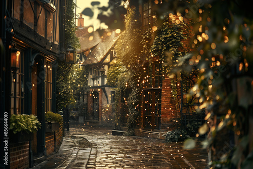 ancient cobblestone alleyway in a historic city, rain-soaked and glistening in the golden hour light. Ivy-covered walls and quaint, old buildings frame the scene, with water drople photo