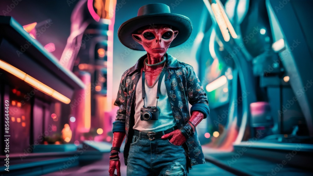 Red Alien Hipster in Urban Nightscape
Red Alien Hipster in Urban Nightscape