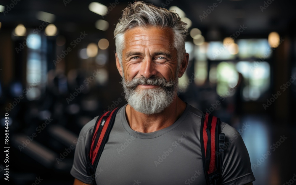 A man with a beard and gray hair is smiling and wearing a gray shirt and a backpack. He is posing for a picture in a gym A man with a beard and gray hair is smiling and wearing a gray shirt and a backpack. He is posing for a picture in a gym