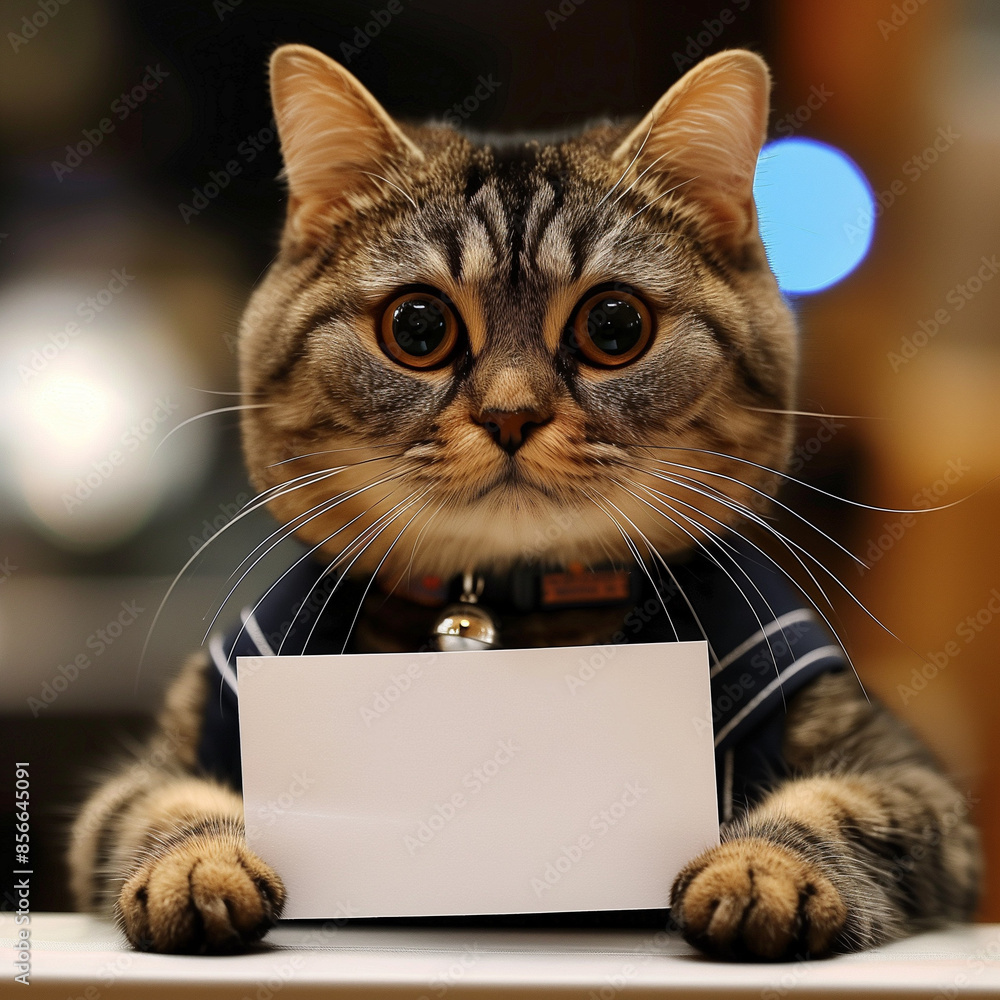 Cute tabby cat holding a blank sign with big eyes Cute tabby cat holding a blank sign with big eyes