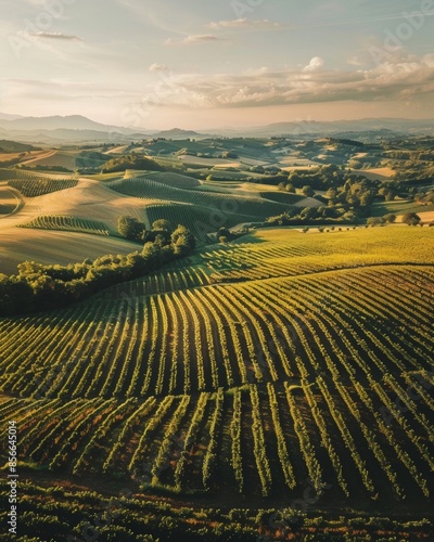 Aerial perspective of a vast agricultural landscape with green fields, geometric patterns of crops, winding rivers, and distant farmsteads under a clear blue sky