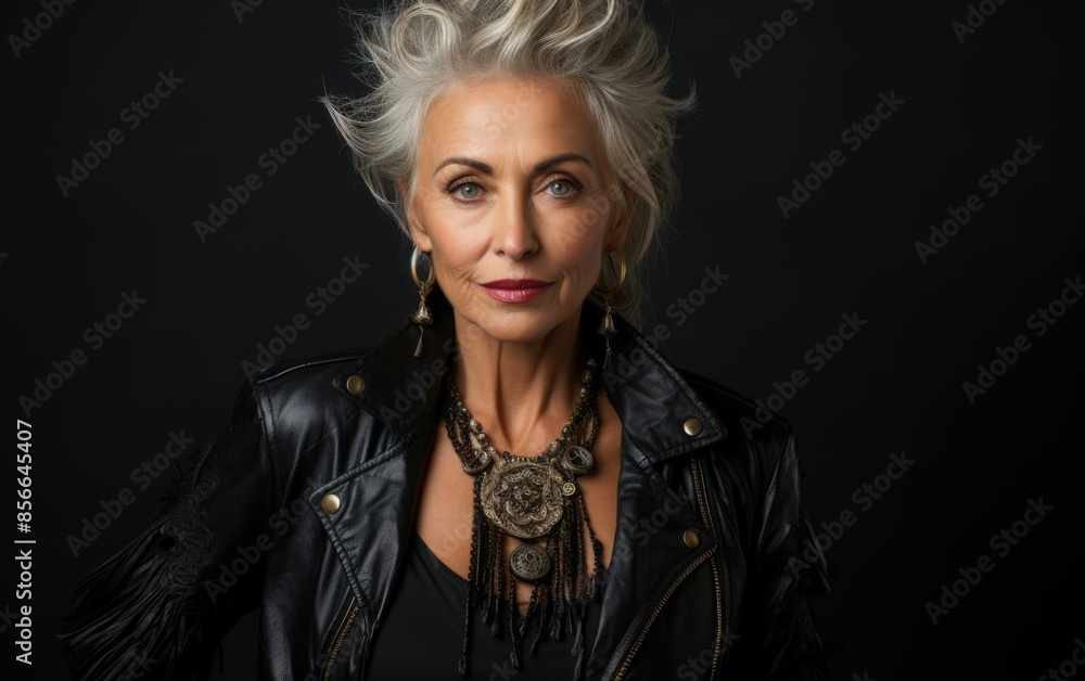 A woman with a necklace and earrings is wearing a black leather jacket. She has a serious expression on her face A woman with a necklace and earrings is wearing a black leather jacket. She has a serious expression on her face
