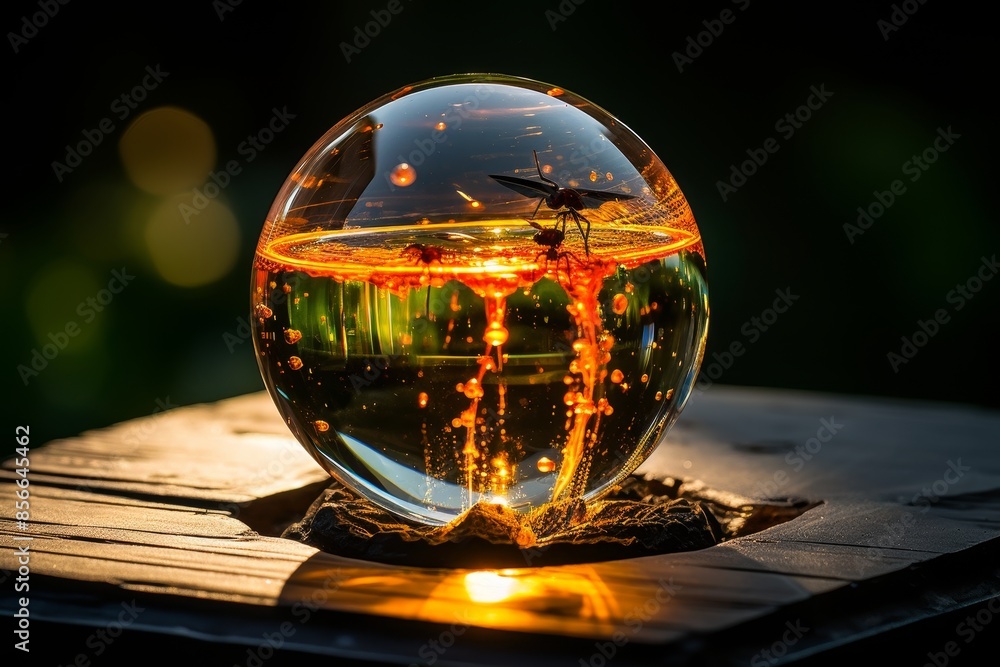Close up macro shot of mosquito trapped in exquisite water droplet, insect captured in liquid medium Close up macro shot of mosquito trapped in exquisite water droplet, insect captured in liquid medium