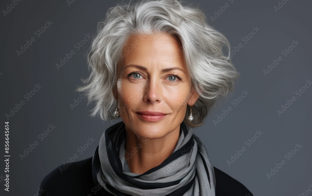 A woman with short gray hair and a scarf around her neck. She is smiling and looking at the camera A woman with short gray hair and a scarf around her neck. She is smiling and looking at the camera
