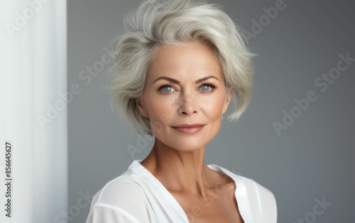 A woman with short gray hair and a white shirt. She has a smile on her face. Concept of happiness and contentment