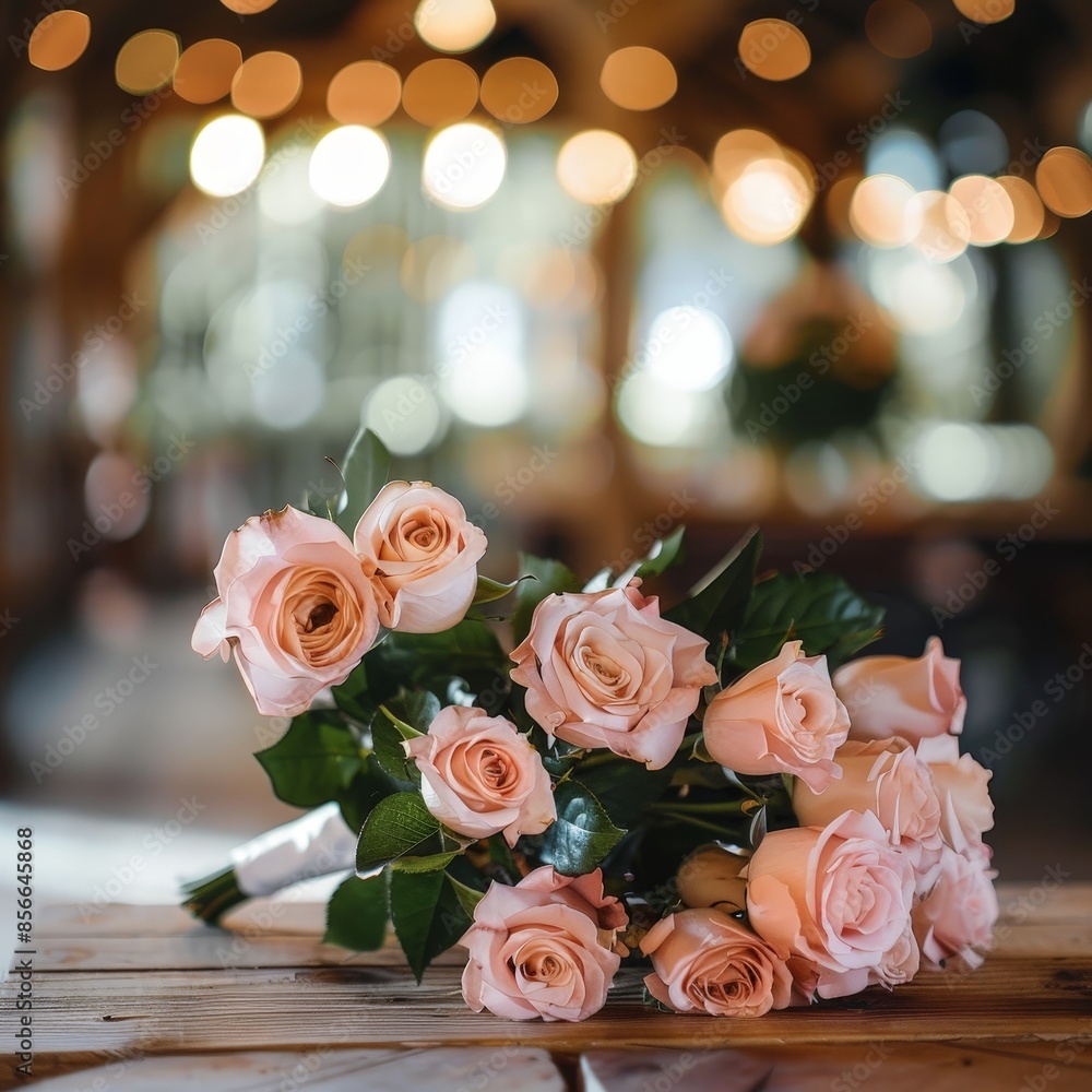 Romantic Wedding Interior with Pink Rose Bouquet on Wooden Table Romantic Wedding Interior with Pink Rose Bouquet on Wooden Table